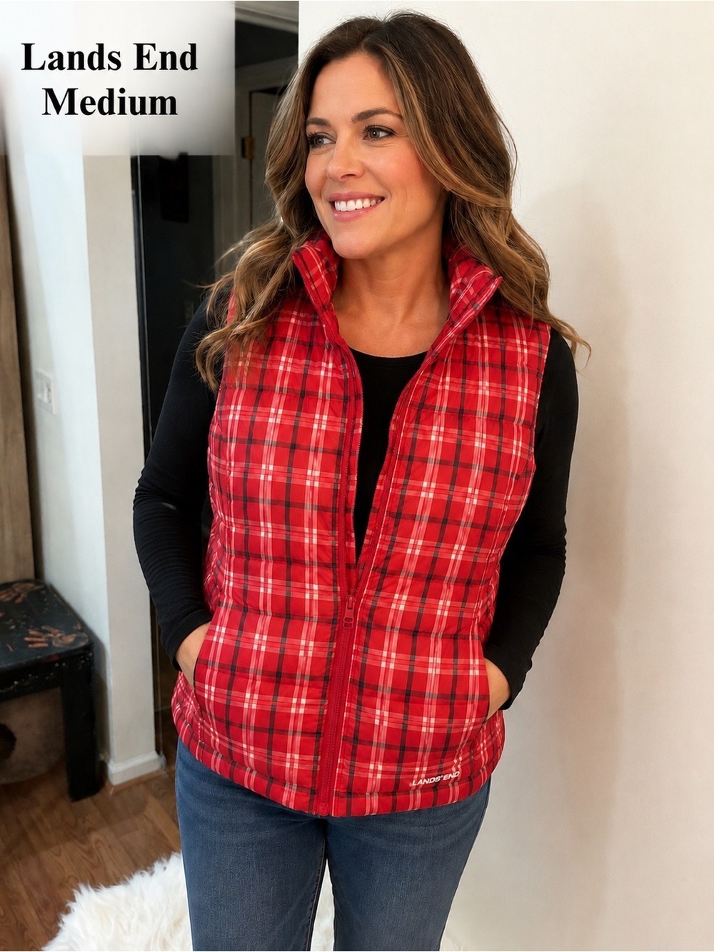 Lands’ End Red Plaid 600 Fill Down Puffer Vest Medium 10-12 Winter Holiday NWT